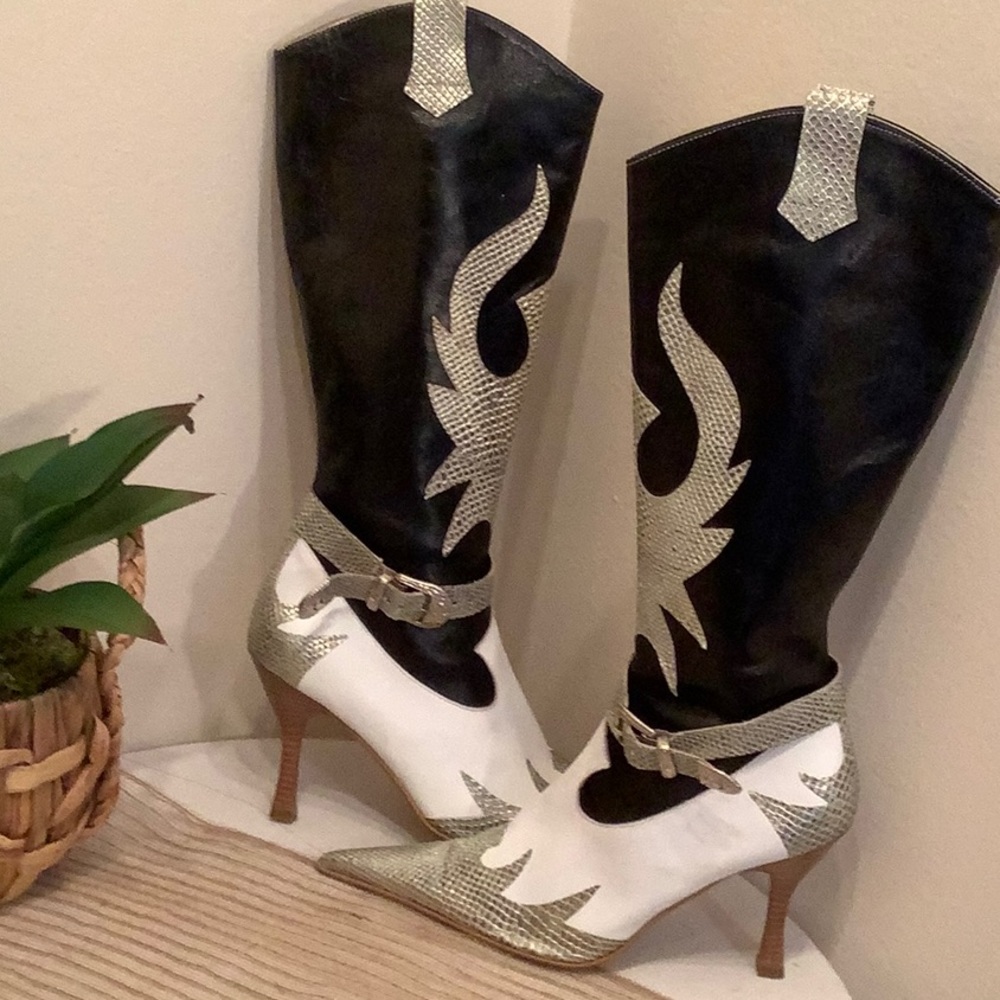 Raffaello high heel cowboy boots size 37. Black, white and silver. Made in Italy
